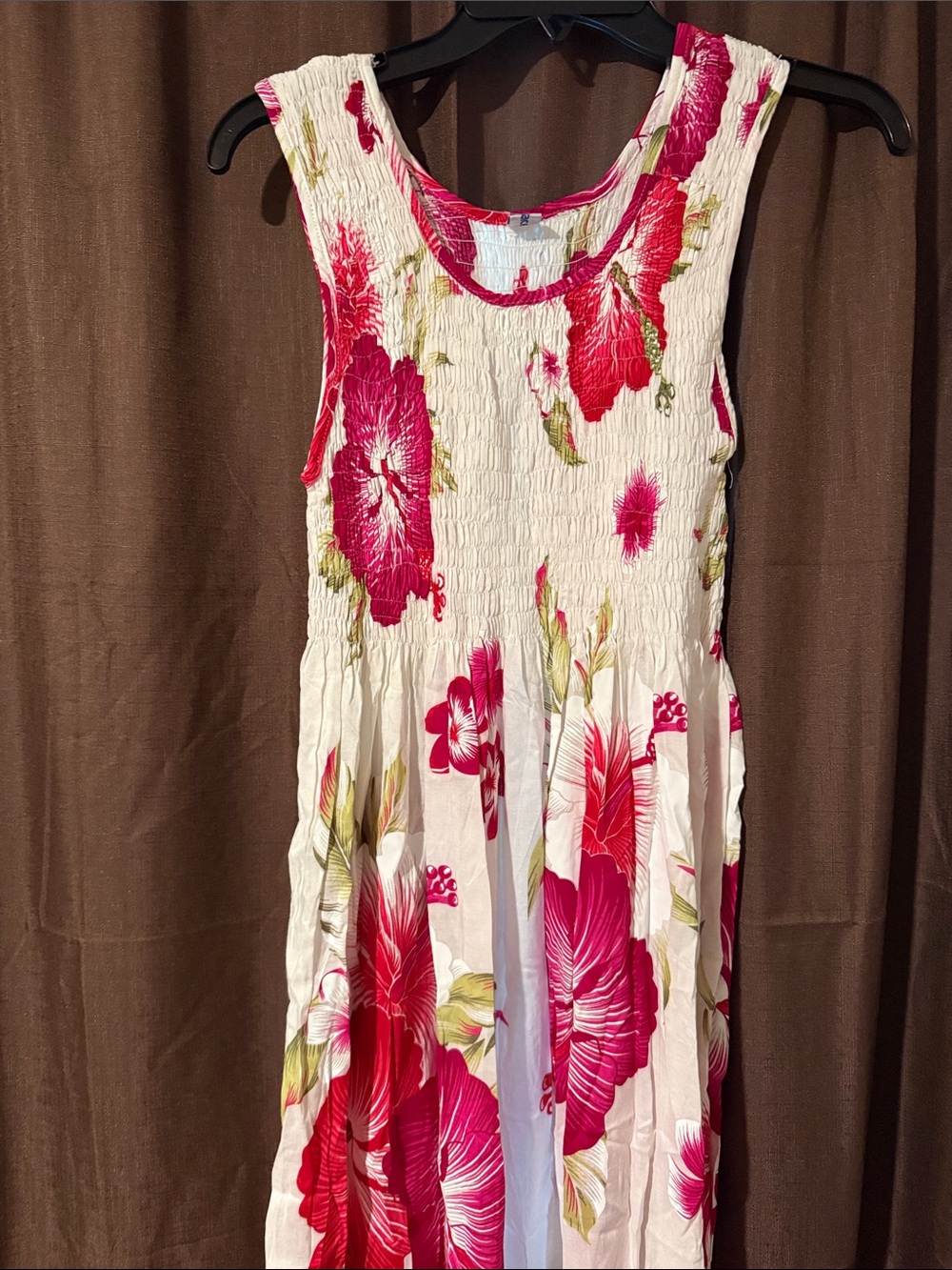 Sleeveless White Long Dress with Pink Floral Print